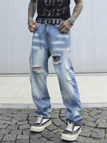 Manfinity Hypemode Men's Casual Distressed Washed Baggy Denim Jeans