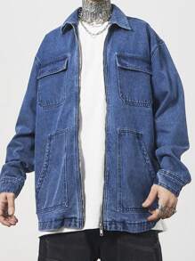 Manfinity EMRG 男士休闲落肩宽松牛仔夹克，秋季 - 藍色 - 查看 3