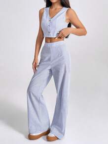 SHEIN PETITE Women's Striped Cropped Vest And Wide Leg Pants Suit - ازرق وابيض - مشاهدة 6