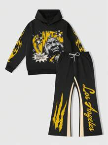 ROMWE MEN Street Life Conjunto de chándal casual de 2 piezas con sudadera con capucha con estampado gráfico de letras y números y pantalones con cordón delantero, ropa de otoño para hombres - Multicolor - Ver 2