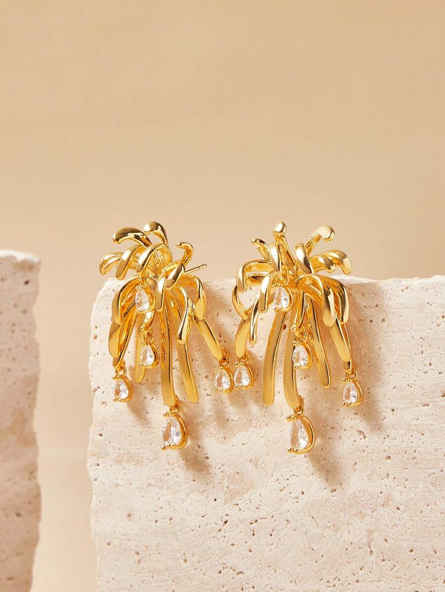 SHEIN Pendientes de botón chapados en oro de 18 quilates con piedras de circonita brillante