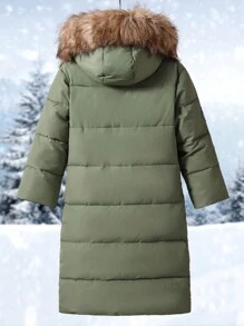 Manteau matelassé long décontracté et ample avec capuche en fourrure et motif de lettres pour filles pré-adolescentes en hiver - Militaire verte - Voir 2