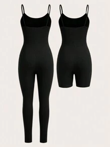 SHEIN Essnce  Women's Summer New Free People Women Jumpsuits Back To School Clothes Workout Women Sets Teacher Clothes Business Professional Tights Pride Outfits Sweatpants Business Casual Clothes Set Leggings Going Out Sets Airport Outfit Biker Shorts Women Rompers Leggings Fashion Casual Sports Black 2-Piece Cami Shorts And Trousers Bodycon Jumpsuit - Black - View 3