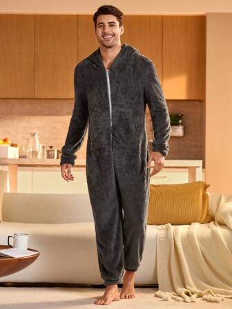 Heren effen kleur voorkant rits lange mouwen minimalistische capuchon eendelige jumpsuit loungewear