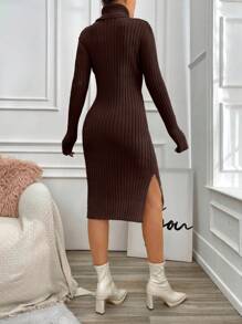 EURMUSE Women's Turtleneck Ribbed Sweater Dress - Brown - View 2