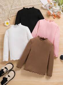 SHEIN LMoss Kids LMoss Young Girl 4pcs/Set Mock Neck Lettuce Trim Knit Fabric Tee, Versatile, Great For Casual Daily Wear & School Daily In Autumn & Winter - Multicolor - View 2