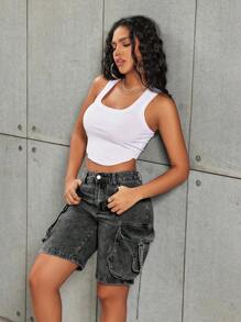 Quần short denim ống đứng Bermuda màu đen, kiểu dáng cổ điển với túi nắp gập và chất liệu denim bạc màu, thích hợp cho mùa hè. - màu đen - Xem 7