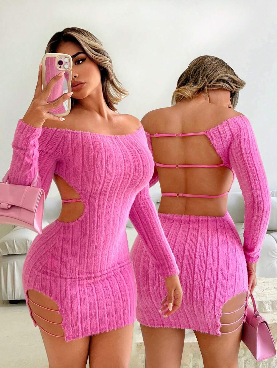 VaVaBold 女士纯色露肩镂空迷你连衣裙 - 玫紅色 - 查看 1