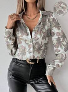 SHEIN Clasi 女式纽扣花卉印花长袖休闲衬衫