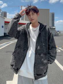 Manfinity Hypemode Áo khoác denim trùm đầu bằng vải nỉ màu xám dành cho nam - Màu xám đen - Xem 8