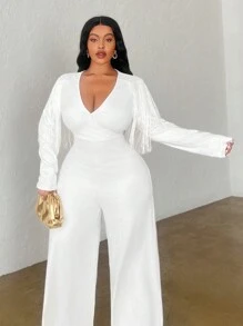 Slaydiva 大码优雅奢华 V 领长袖流苏阔腿连体裤 - 白色，秋冬 - 白色 - 查看 5