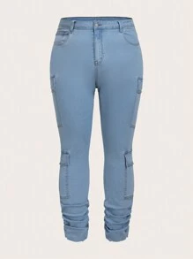 SHEIN CURVE+ Plus Size Women's Cargo Pocket Skinny Stretch Denim Fashion Jeans