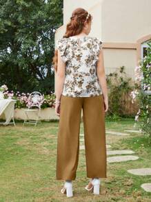 2pcs Blue Floral Print Pants Set For Teenage Girls - Khaki - View 2