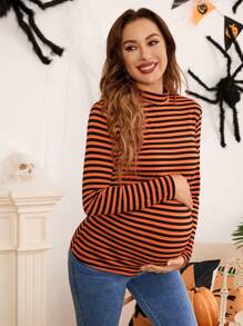 SHEIN Maternity Long Sleeve Stripe T-Shirt, Halloween Themed Fitted Pregnancy Tee