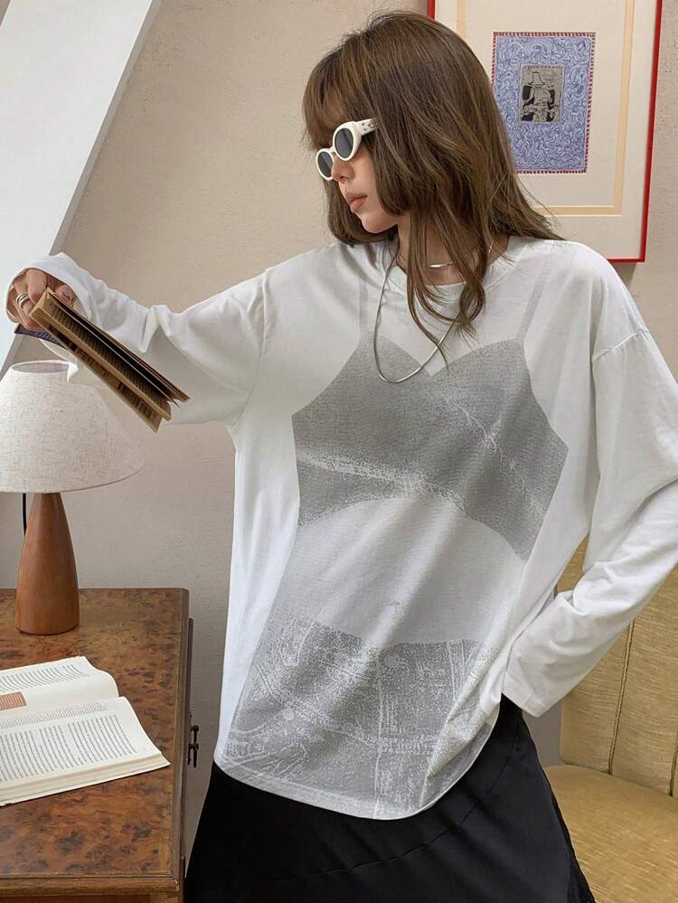 Loose Fit Printed Long Sleeve Round Neck Women T-Shirt Sheer,Fall Clothes