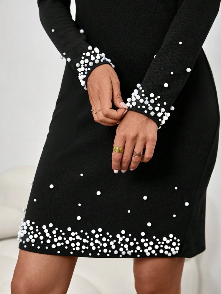 Women's Solid Color Crew Neck Long Sleeve Faux Pearl Decor Casual Mini Dress Fall Women Clothes