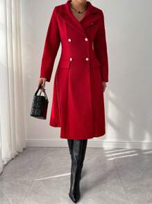 RosyDaze Abrigo de lana rojo con cuello alto, 3 filas de botones y bolsillos para ropa de Año Nuevo - Rojo - Ver 6