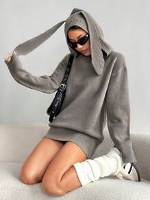 SHEIN Unity Autumn/Winter Casual Rabbit Ear Design Shiny Loose Knit Sweater Hoodie Knit Pullover Fall Outfit - Grey - View 4