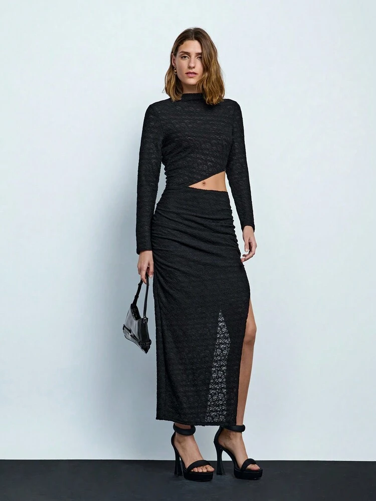 SHEIN Maija Women's Black Solid Stand Collar Long Sleeve Hollow Out Side Slit Hem Elegant Maxi Knit Dress, Autumn