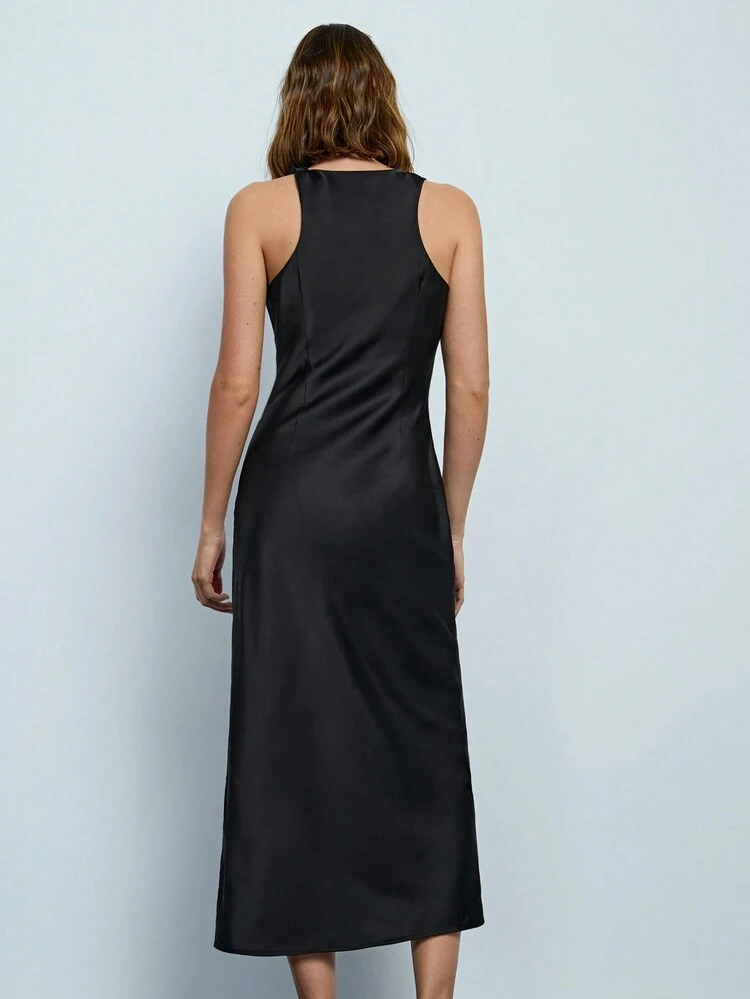 SHEIN Maija Black Cowl Neck Sleeveless Cinched Waist Satin Midi Dress For Women, St. Patrick's Day, Easter, Lunar New Year, Music Festival