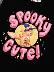 SHEIN X Care Bears Áo thun tay bồng in họa tiết gấu hoạt hình Halloween cho bé gái - màu đen - Xem 7