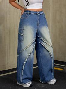 SHEIN ICON 大码前扣磨边下摆多口袋休闲牛仔裤 - 藍色 - 查看 6