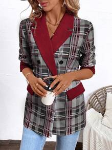 SHEIN Clasi Women's Red Color Block Plaid Lapel Blazer - Multicolor - View 1