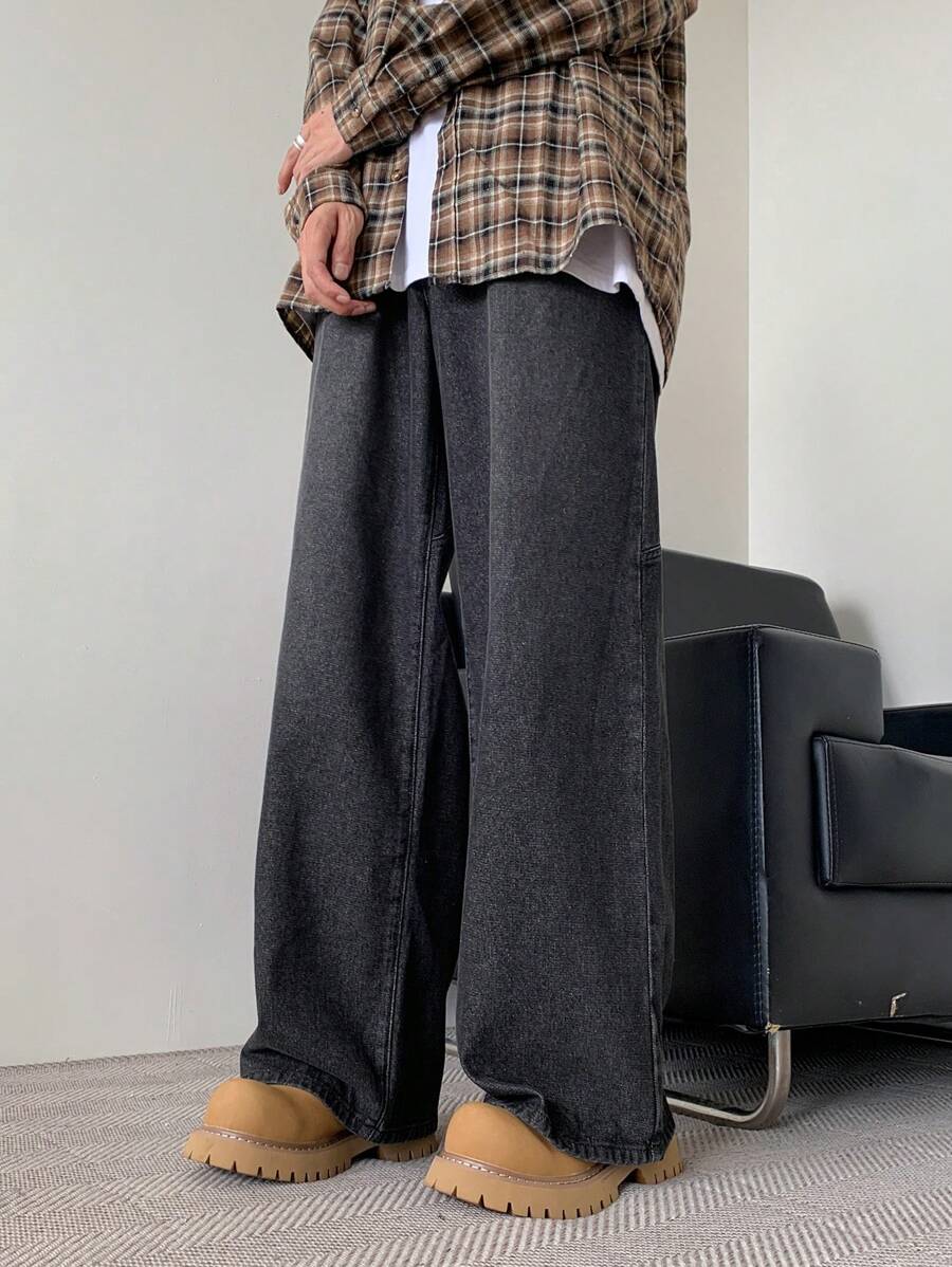 Manfinity EMRG Men's Vintage Washed Dark Grey Baggy Wide Leg Jeans