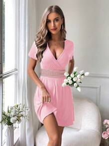 Breezaya 短款拼色V领短袖简约休闲迷你连衣裙 - 粉色 - 查看 3