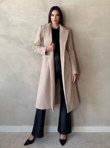 SHEIN Tall Abrigo de lana grueso de color camello (incluyendo el forro) adecuado para otoño e invierno