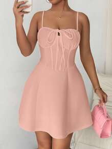 Calvaya Vestido informal de tirantes de espagueti con volantes y lazo en la parte delantera, unicolor, de verano, para mujer