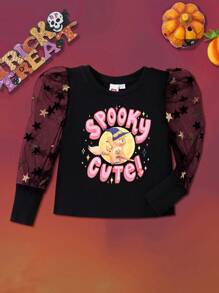 SHEIN X Care Bears Áo thun tay bồng in họa tiết gấu hoạt hình Halloween cho bé gái - màu đen - Xem 1