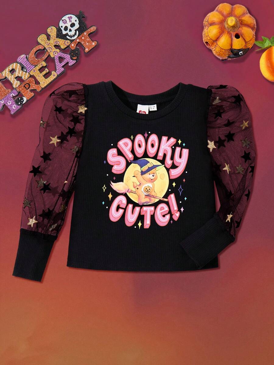 SHEIN X Care Bears Áo thun tay bồng in họa tiết gấu hoạt hình Halloween cho bé gái - màu đen - Xem 1