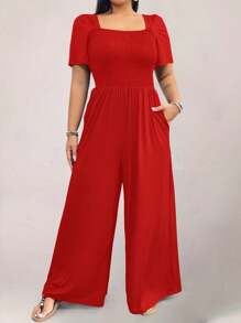 SHEIN Clasi Bộ đồ liền thân tay đèn lồng màu trơn cỡ lớn cho quần áo năm mới - Đỏ - Xem 4