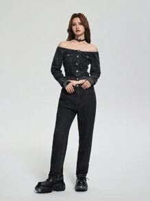 SHEIN Explorewe 2pcs Vintage Streetwear Teen Girls Set: Denim Off-Shoulder Crop Top & All-Match Loose Straight Leg Jeans - Black - View 5