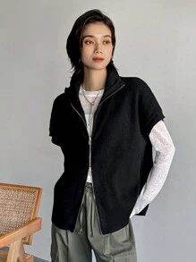 FRIFUL Women's Solid Color Short Sleeve Loose Casual Zip-Up Sweater Vest, Fall/Winter