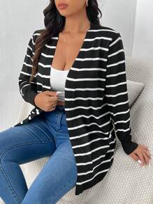 SHEIN Frenchy Plus Size Fall Striped Printed Casual Long Sleeve Cardigan