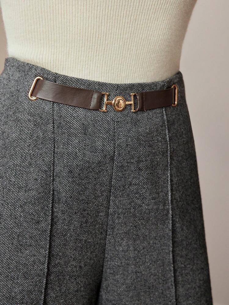 WOOL BUCKLE WAIST SEAM FRONT SLANT POCKET WIDE LEG PANTS