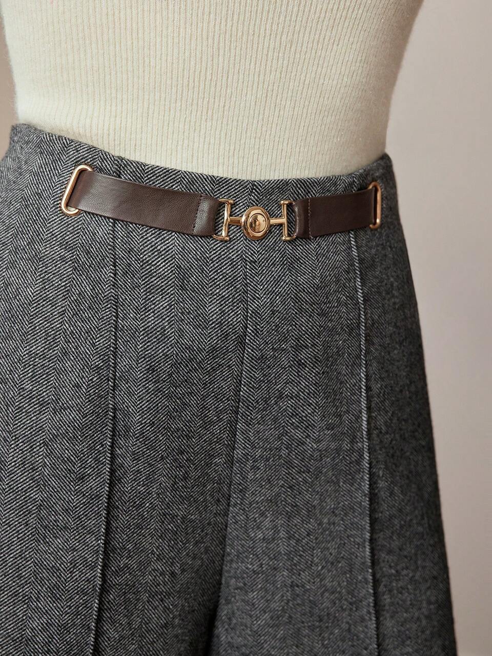 WOOL BUCKLE WAIST SEAM FRONT SLANT POCKET WIDE LEG PANTS