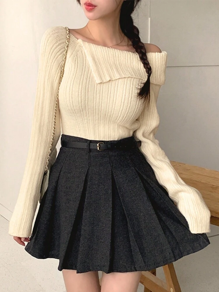 Women's Turndown Collar Off-Shoulder Elegant Knitted Sweater Fall