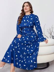 Lacomfia Vestido casual plisado de manga larga con cuello redondo y estampado todo sobre talla grande