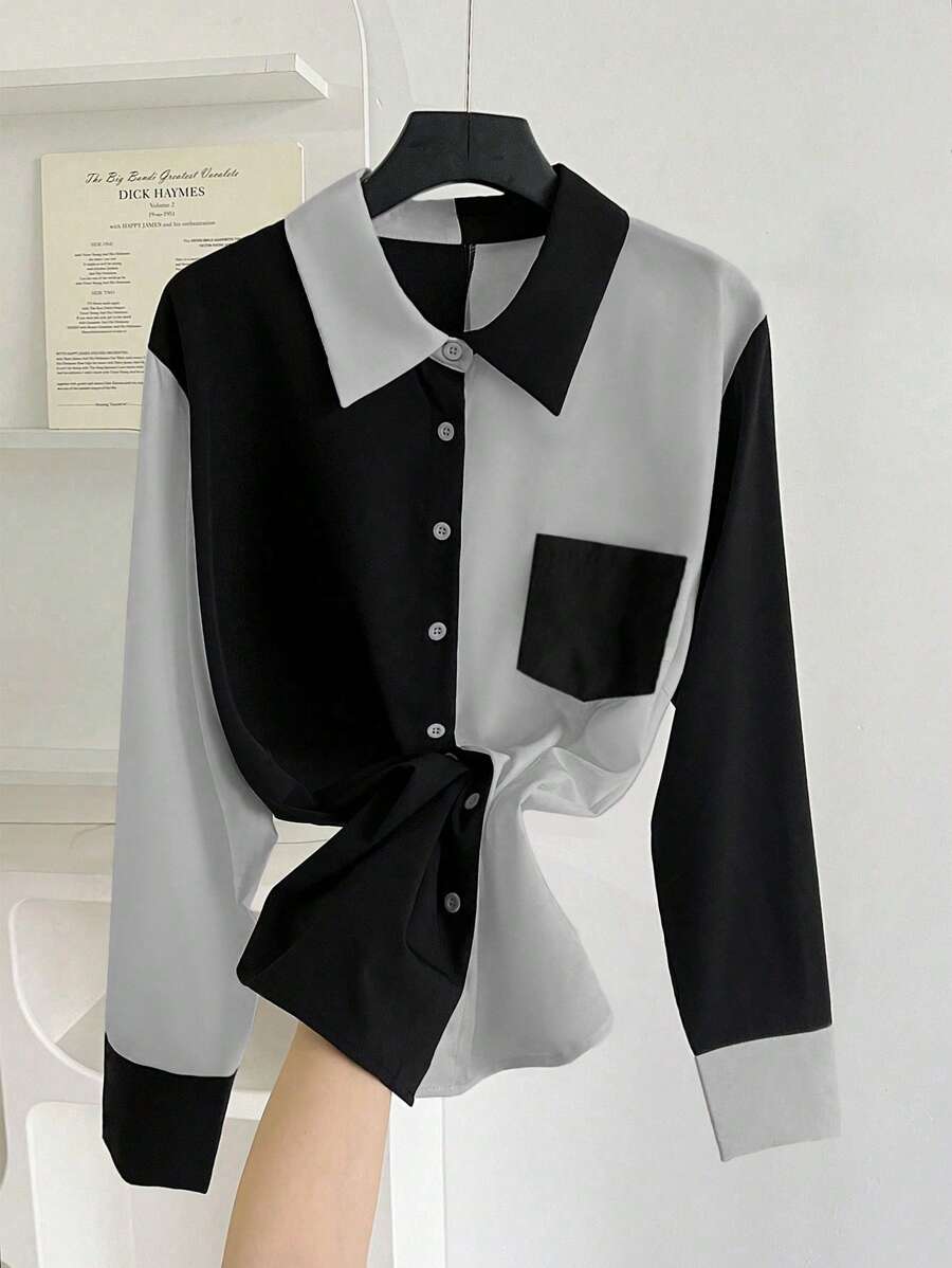 SHEIN Clasi Áo sơ mi tay dài cài nút phía trước màu trơn cỡ lớn thường ngày - Nhiều màu - Xem 1