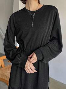 FRIFUL Women's Plain Crew Neck Long Sleeve Pleated Simple Casual Dress,Ruffle,Fall Clothes Maxi Dress - Black - View 7