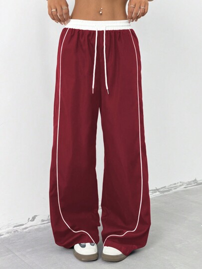 StreetHx Pantalones de pierna ancha con bloqueo de color y cordón en la cintura, informales