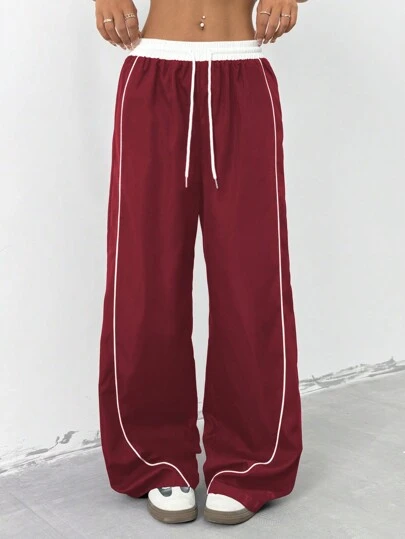 StreetHx 캐주얼 컬러 블록 끈 허리 와이드 레그 팬츠