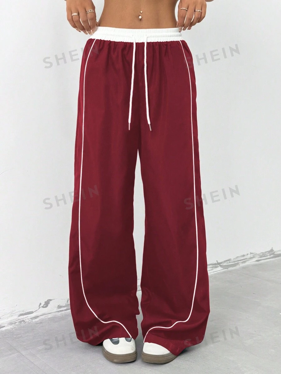 Flirla Pantalones de pierna ancha con bloqueo de color y cordón en la cintura, informales
