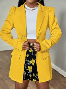 SHEIN Unity Saco de traje de mujer de unicolor y falda impresa, conjunto de atuendo diario simple - Amarillo - Ver 6