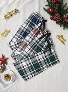 3 pièces Ensemble Pantalon de pyjama à motif à carreaux avec décoration de nœud papillon à la taille - Multicolore - Voir 3