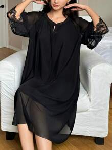 DAZY Loose Fit Long Sleeve Mesh Contrast Mid-Length Nightgown - Black - View 6