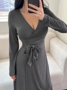 DAZY 针织前系带腰部收腰休闲连衣裙 - 黑色 - 查看 8